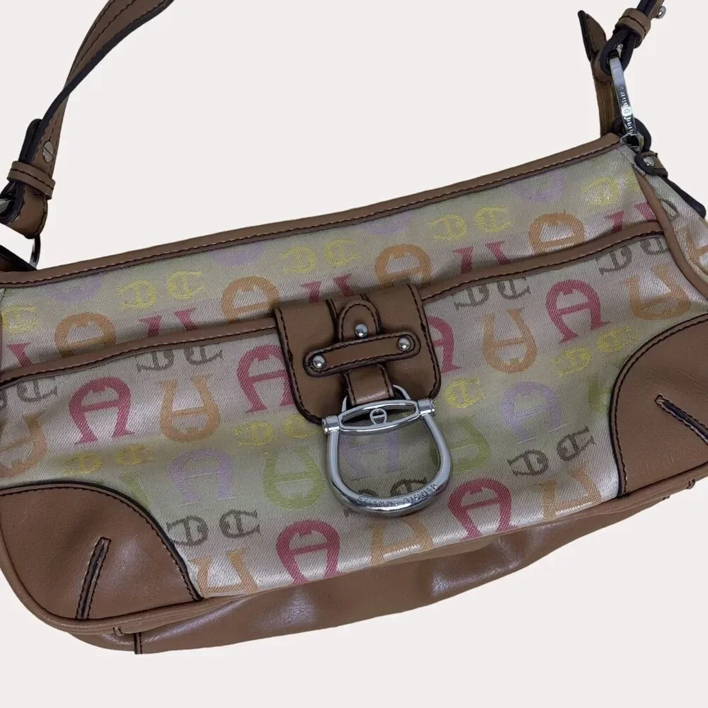 Etienne Aigner Canvas Faux Leather Satchel Purse Logo